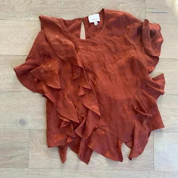 Cinq a Sept Rust Orange Silk Jacquard Ruffle Sol Blouse XS - Picture 1 of 7